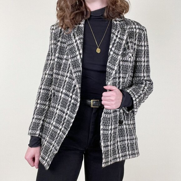 Vintage Plaid Tweed Houndstooth Oversized Blazer Jacket Coat Preppy Wool Peacoat - Picture 3 of 5